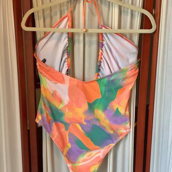 PrettyLittleThing Plunge Swimsuit Multicolor Swirl One Piece High Leg Size 8 - Picture 7 of 8